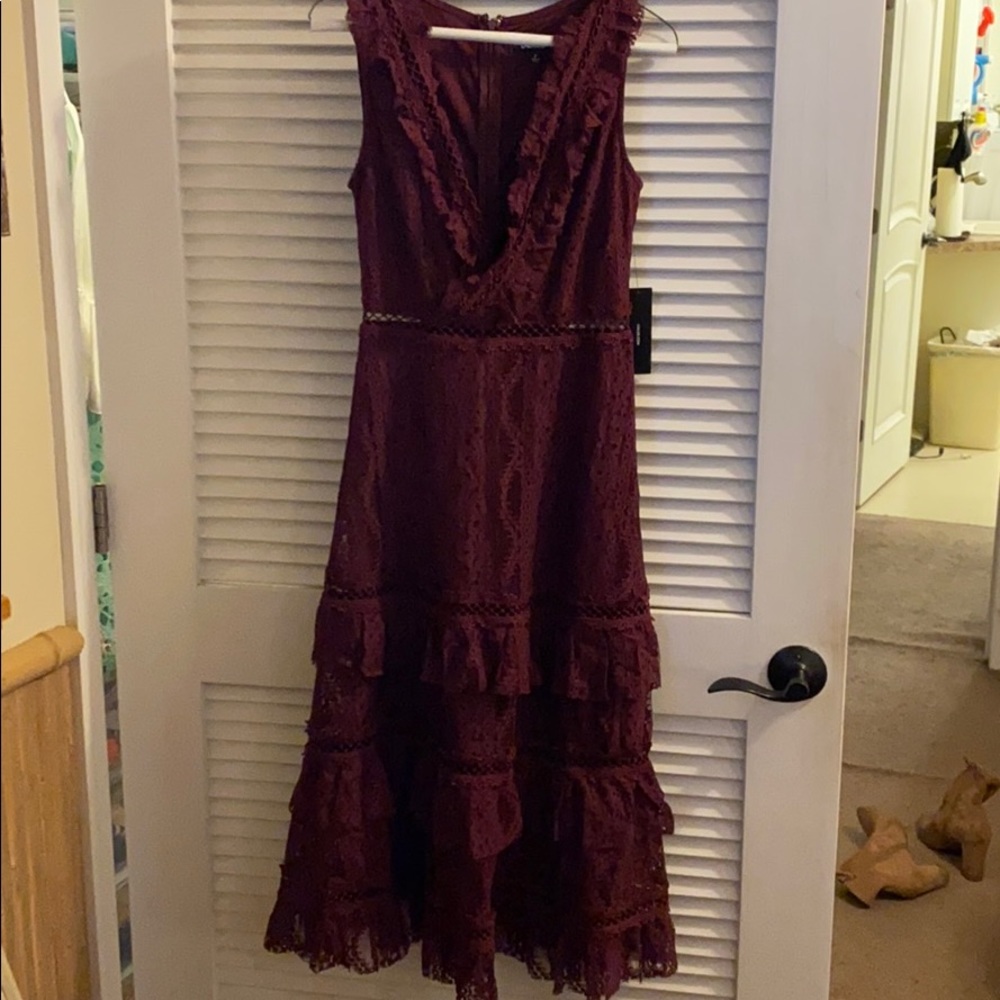 Lulus Burgundy Lace Ruffle Midi - Picture 2 of 7